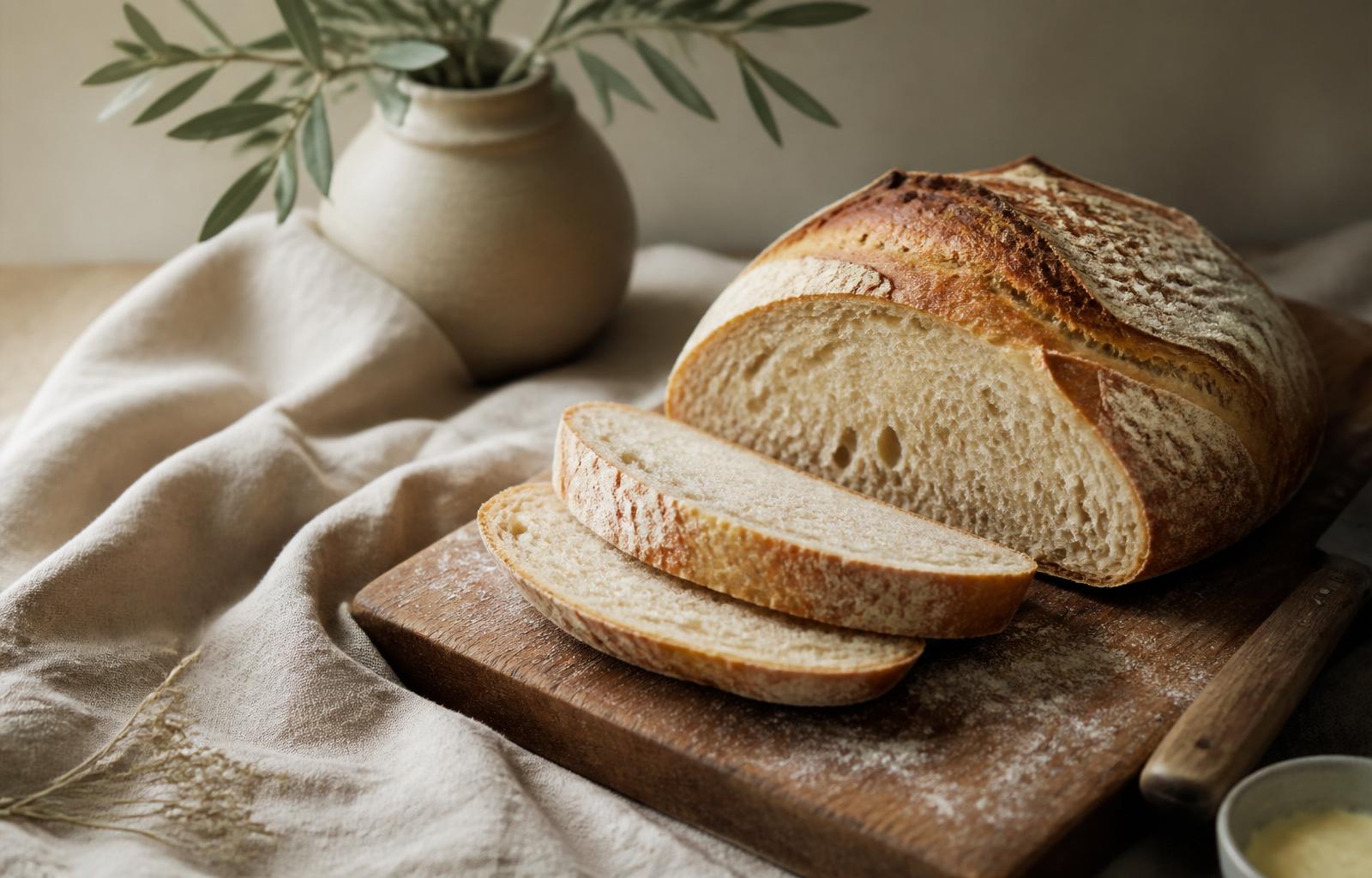 Three artisan sourdough loaves arranged on a light linen backdrop