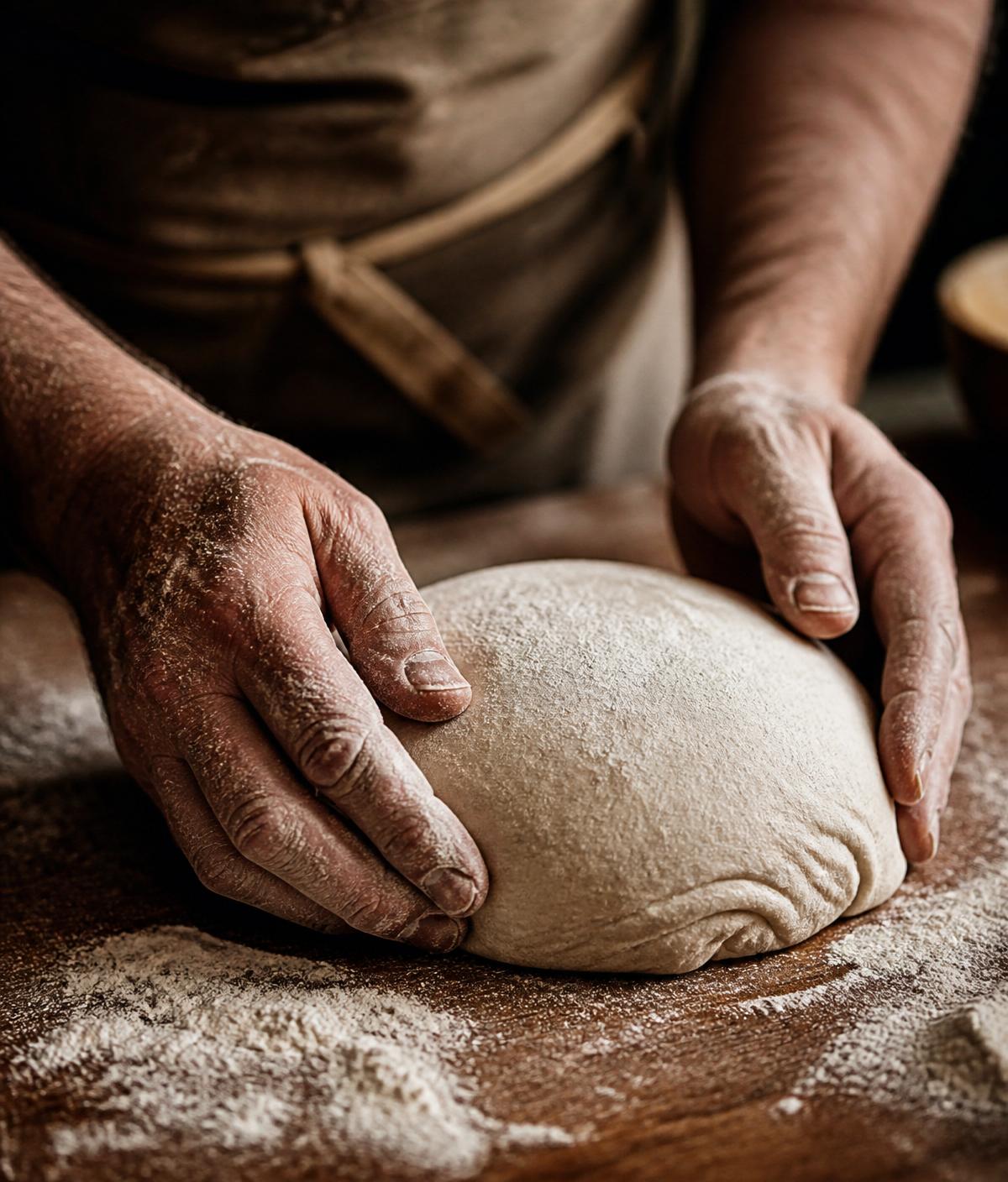 Hands shaping soft sourdough dough on a floured work surface